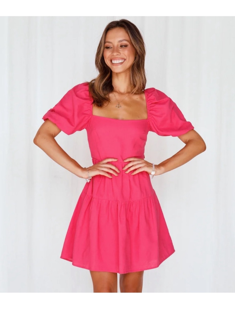 Hello Molly Hot Pink Square-Neck Puff-Sleeve Dress